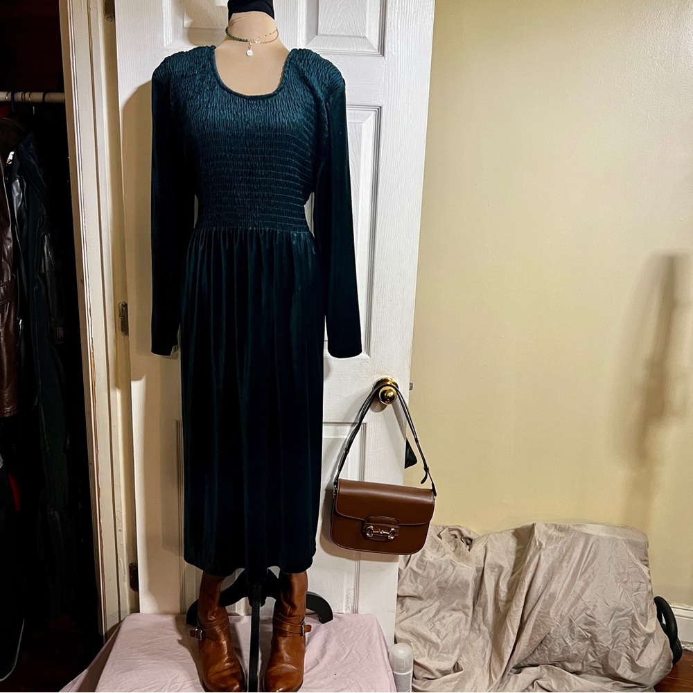 Vintage More Jazz Wms Velvet‎ Emerald Green Retro Boho Tie Midi Dress 1X